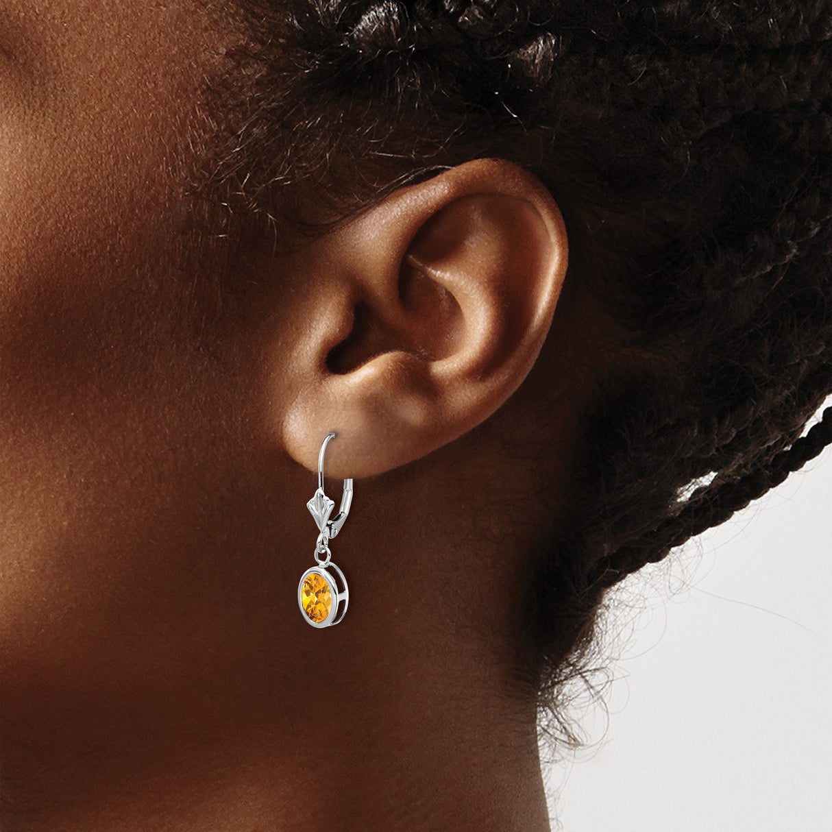 14k White Gold Dangle Earrings with Citrine Oval Gemstones in Bezel Setting