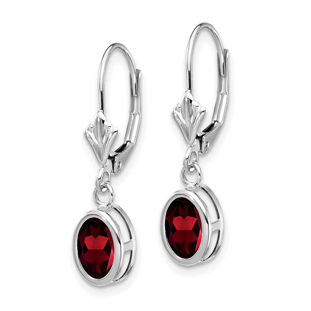 14k White Gold Drop Earrings with Garnet in Bezel Setting, Leverback Dangle Design