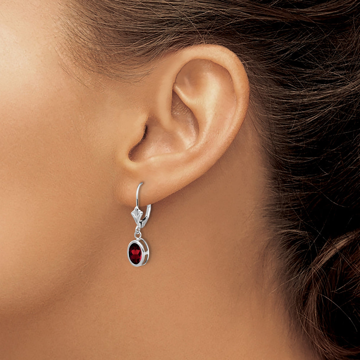 14k White Gold Drop Earrings with Garnet in Bezel Setting, Leverback Dangle Design