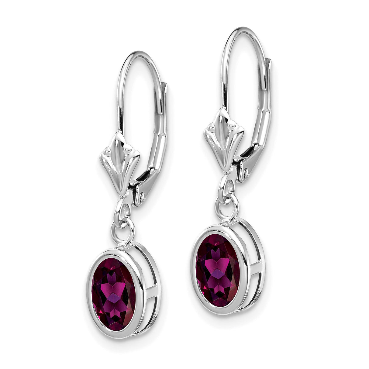 14k White Gold Drop Earrings with Rhodolite Garnet Oval Gemstones, Prong Setting, Leverback Design