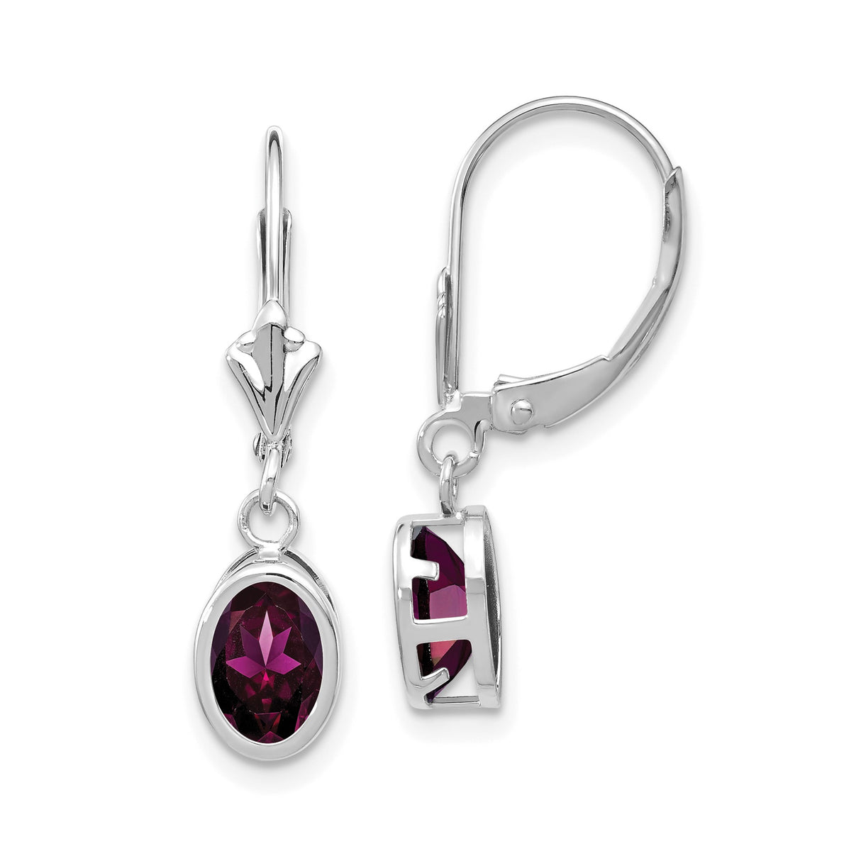 14k White Gold Drop Earrings with Rhodolite Garnet Oval Gemstones, Prong Setting, Leverback Design