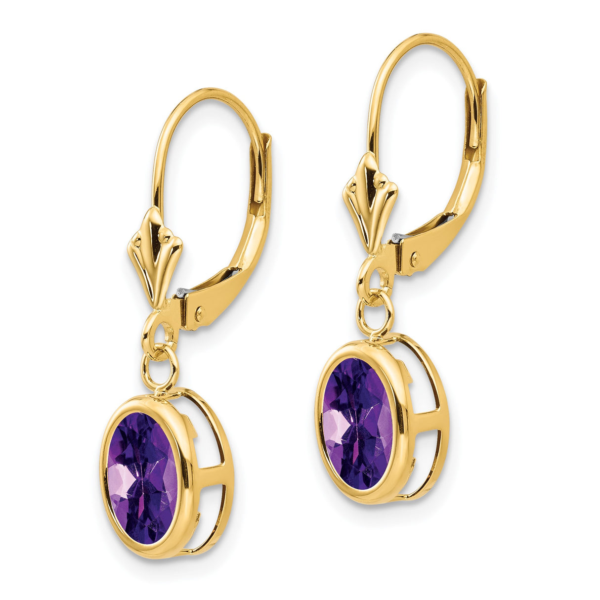 14k Yellow Gold Dangle Earrings with Oval Amethyst in Bezel Setting, Leverback Drop Design