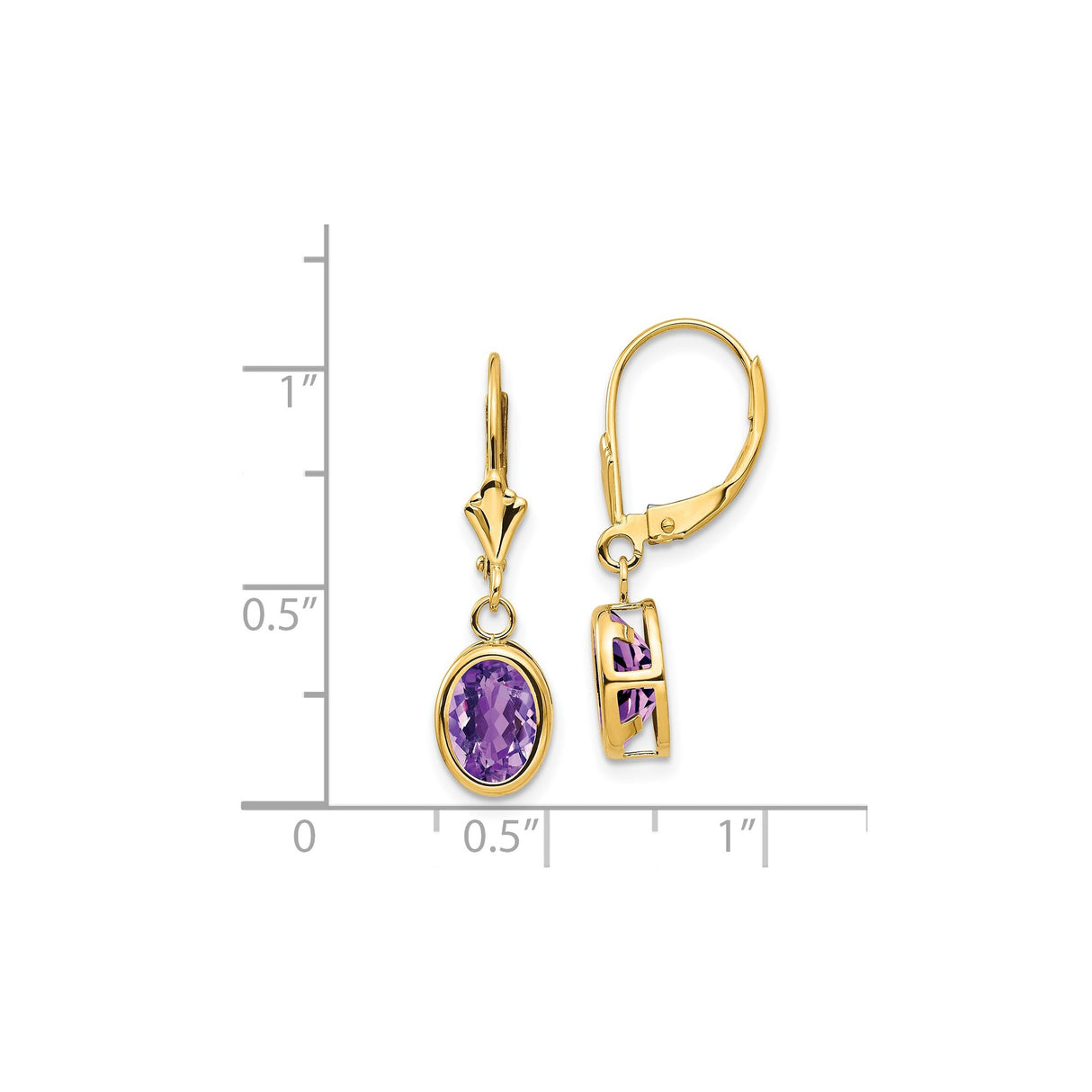 14k Yellow Gold Dangle Earrings with Oval Amethyst in Bezel Setting, Leverback Drop Design