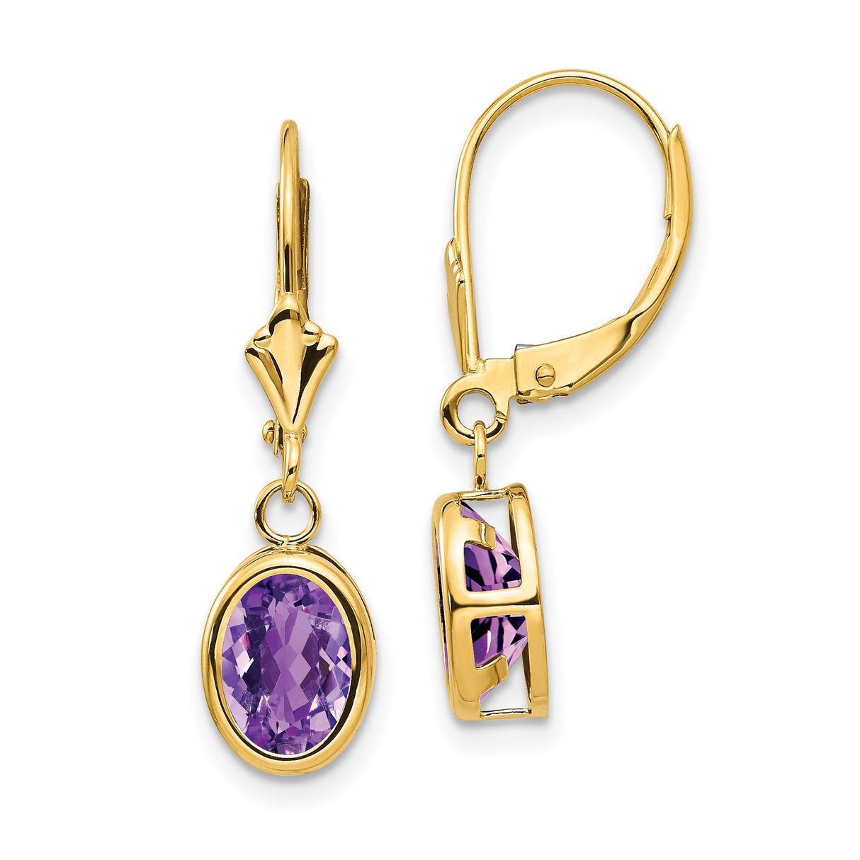 14k Yellow Gold Dangle Earrings with Oval Amethyst in Bezel Setting, Leverback Drop Design