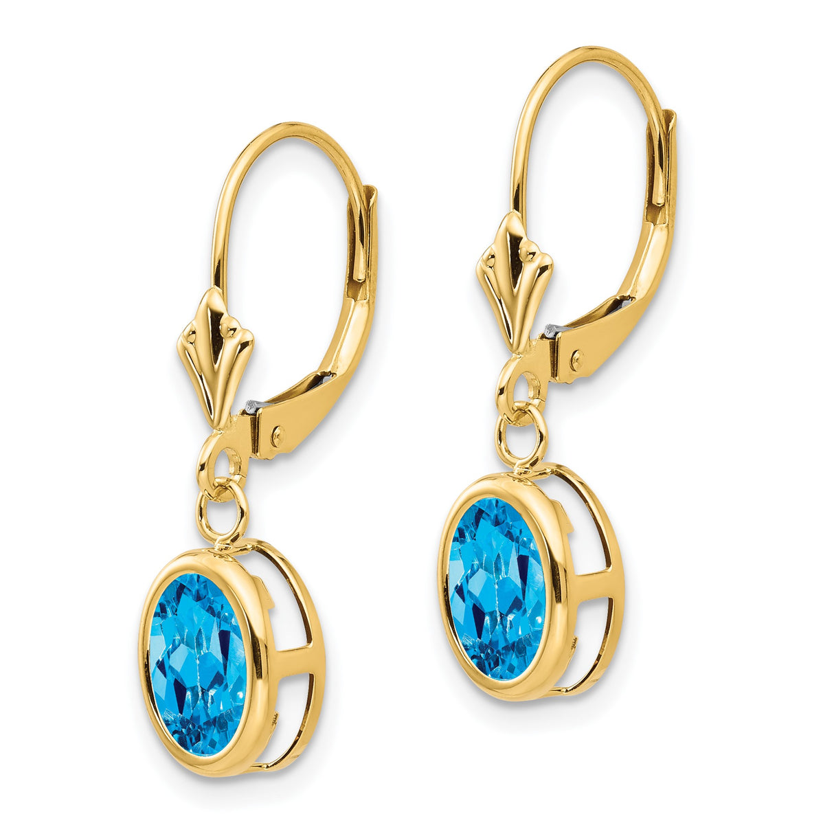 14k Yellow Gold Dangle Earrings with Oval Swiss Blue Topaz in Bezel Setting, Leverback Closure