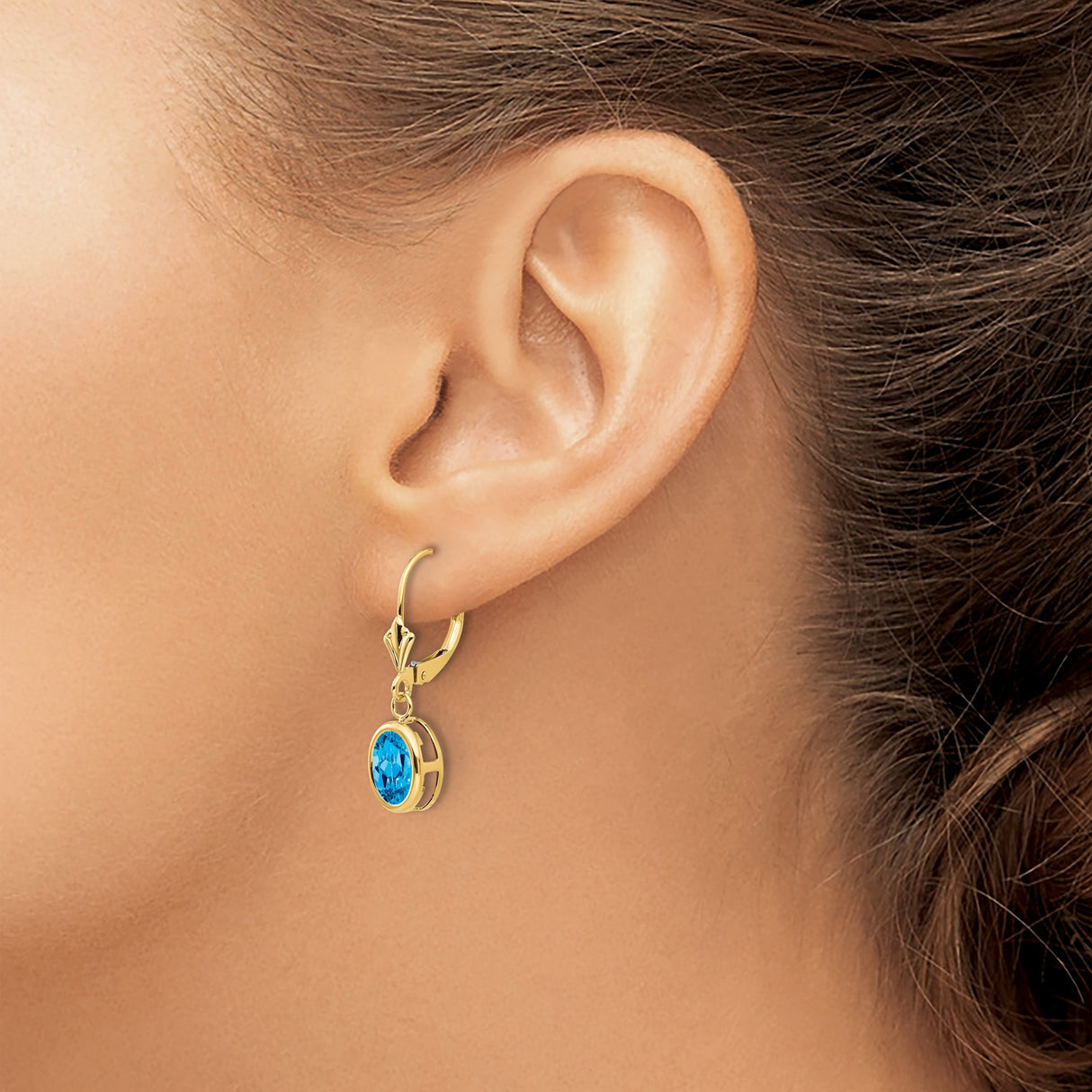 14k Yellow Gold Dangle Earrings with Oval Swiss Blue Topaz in Bezel Setting, Leverback Closure