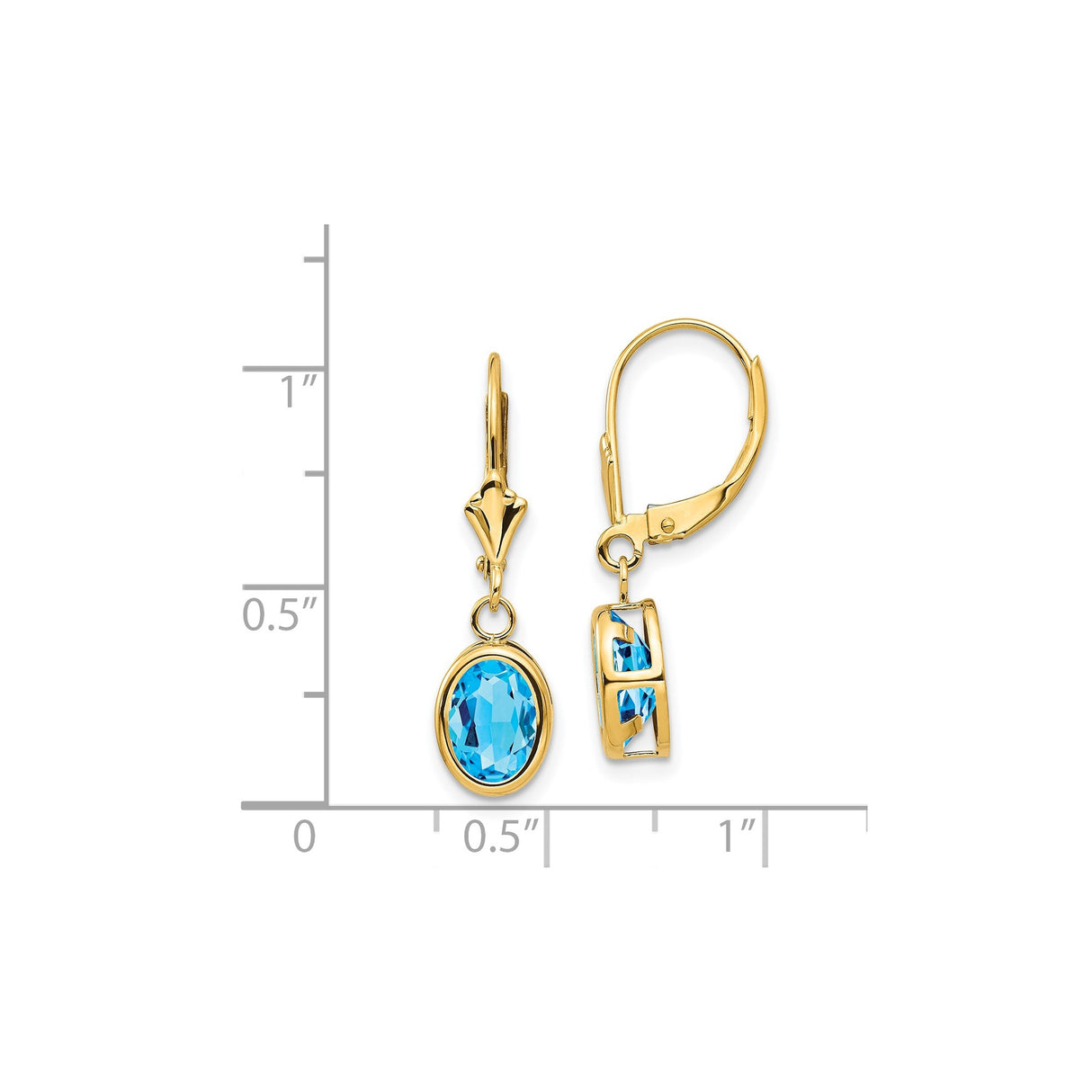 14k Yellow Gold Dangle Earrings with Oval Swiss Blue Topaz in Bezel Setting, Leverback Closure