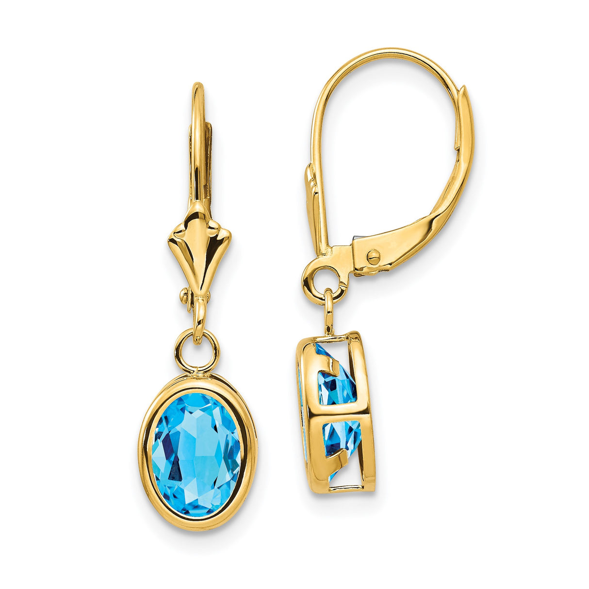 14k Yellow Gold Dangle Earrings with Oval Swiss Blue Topaz in Bezel Setting, Leverback Closure