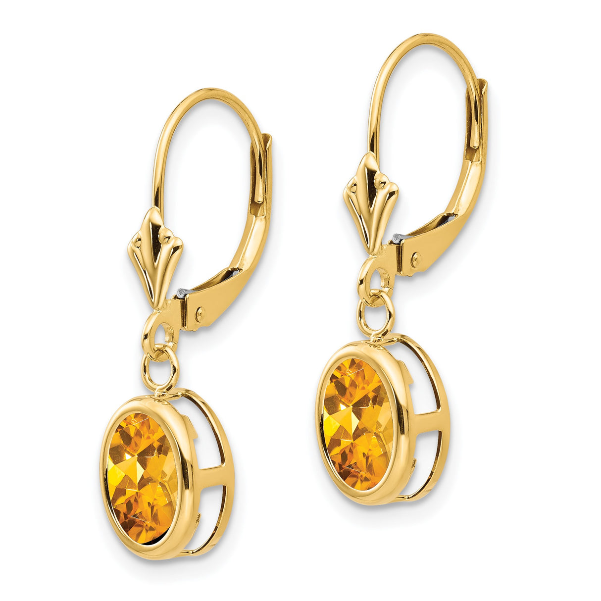 14k Yellow Gold Drop Earrings with Oval Citrine in Bezel Setting, Leverback Clasps