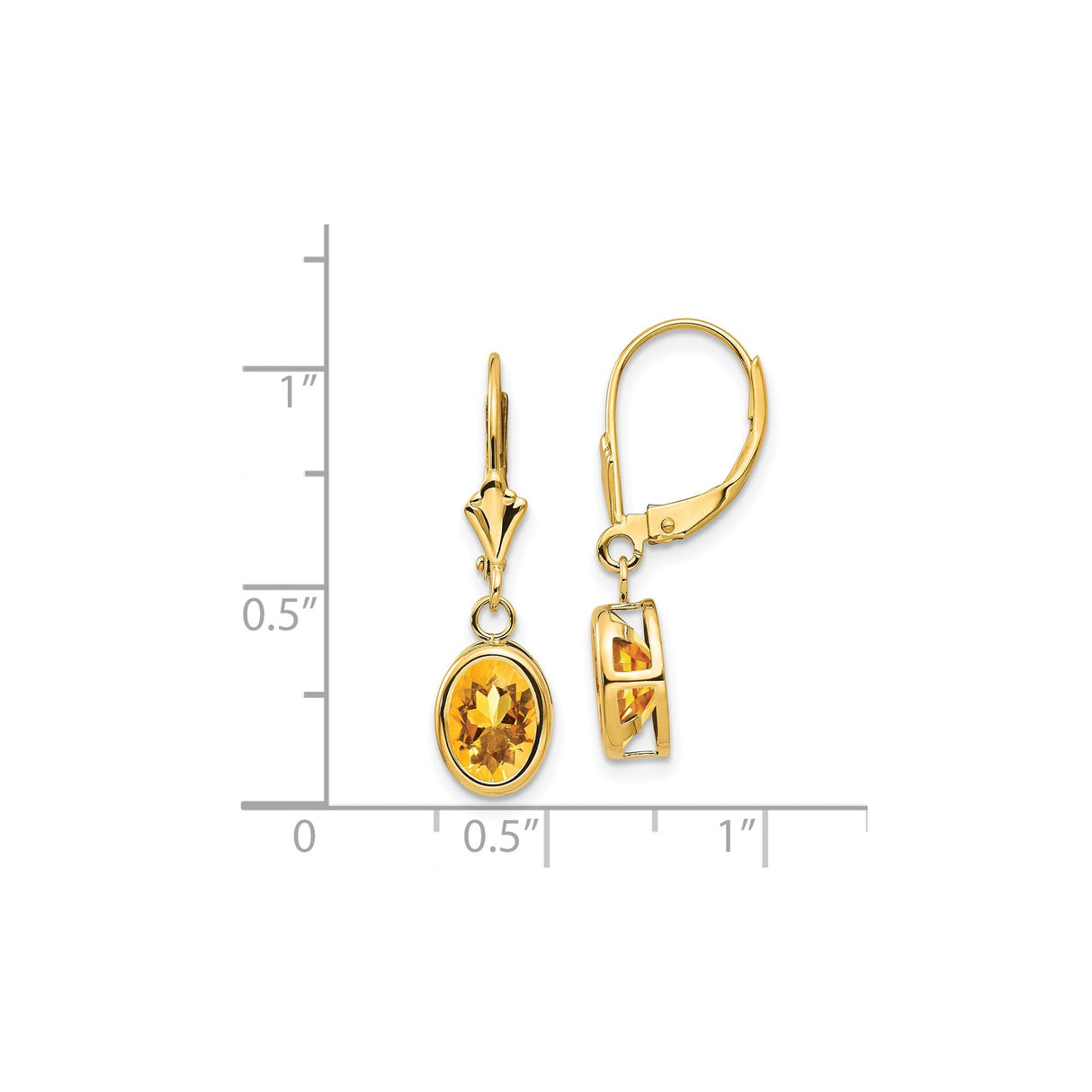 14k Yellow Gold Drop Earrings with Oval Citrine in Bezel Setting, Leverback Clasps