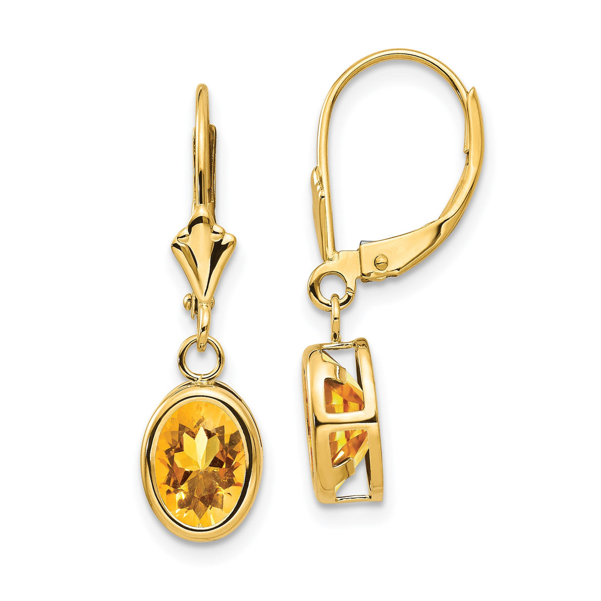 14k Yellow Gold Drop Earrings with Oval Citrine in Bezel Setting, Leverback Clasps