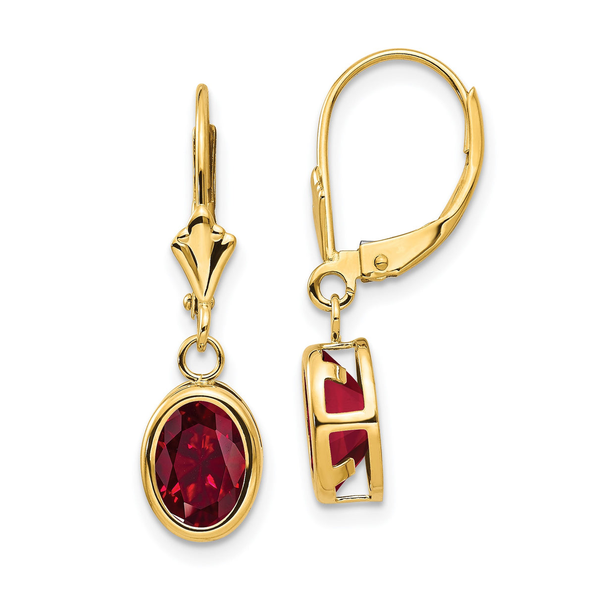 14k Yellow Gold Leverback Earrings with Created Ruby in Bezel Setting, Ruby Dangle Jewelry