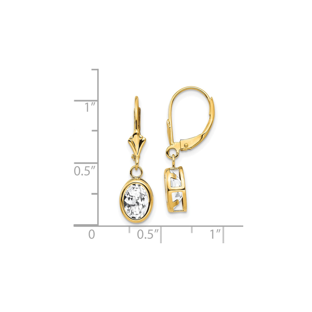 14k Yellow Gold Drop Earrings with Oval Cut Cubic Zirconia in Bezel Setting