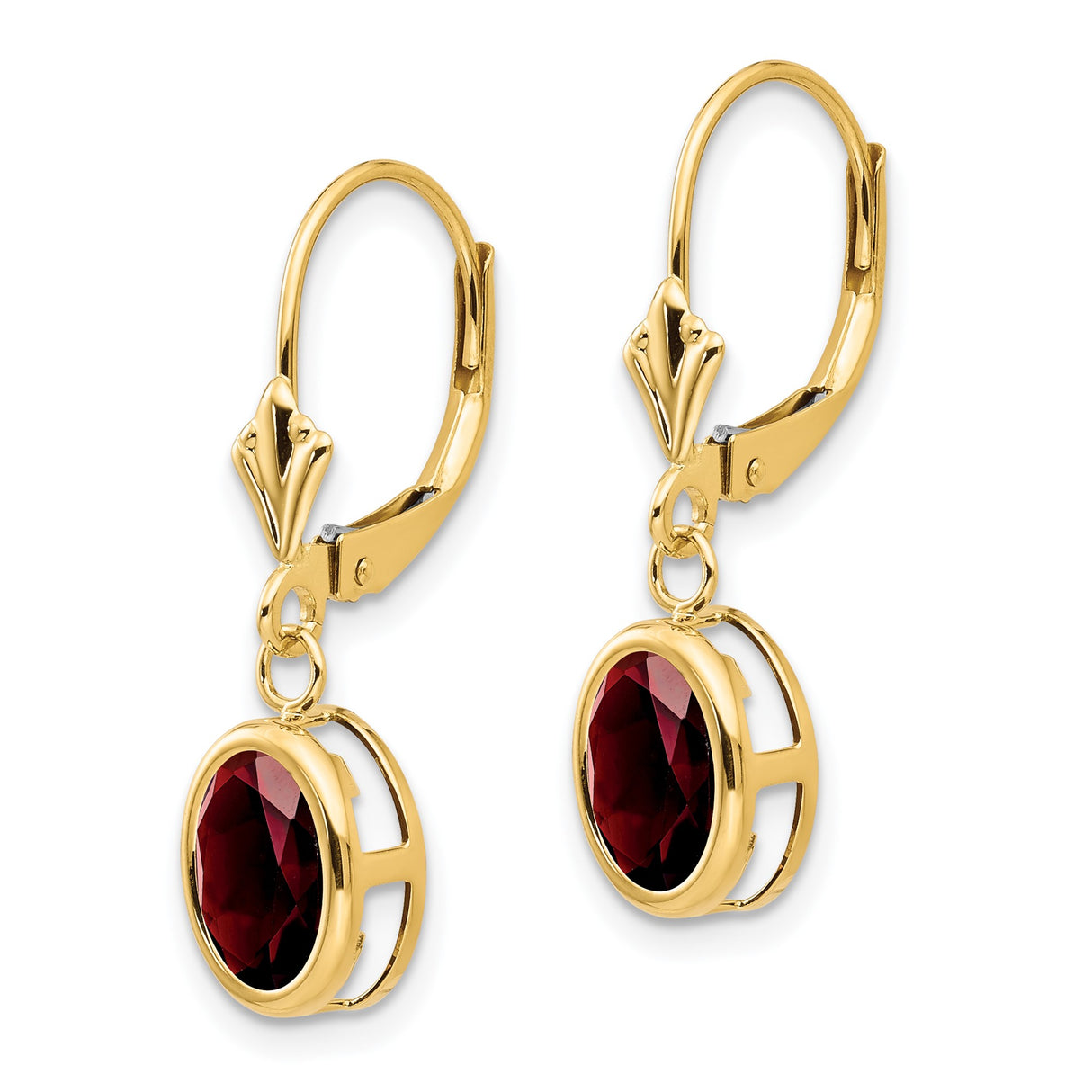 14k Yellow Gold Dangle Earrings with Oval Garnet in Bezel Setting, Leverback Closure