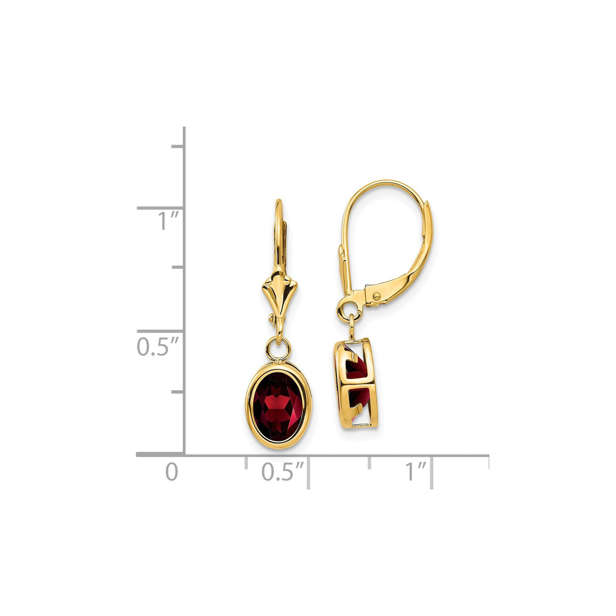 14k Yellow Gold Dangle Earrings with Oval Garnet in Bezel Setting, Leverback Closure