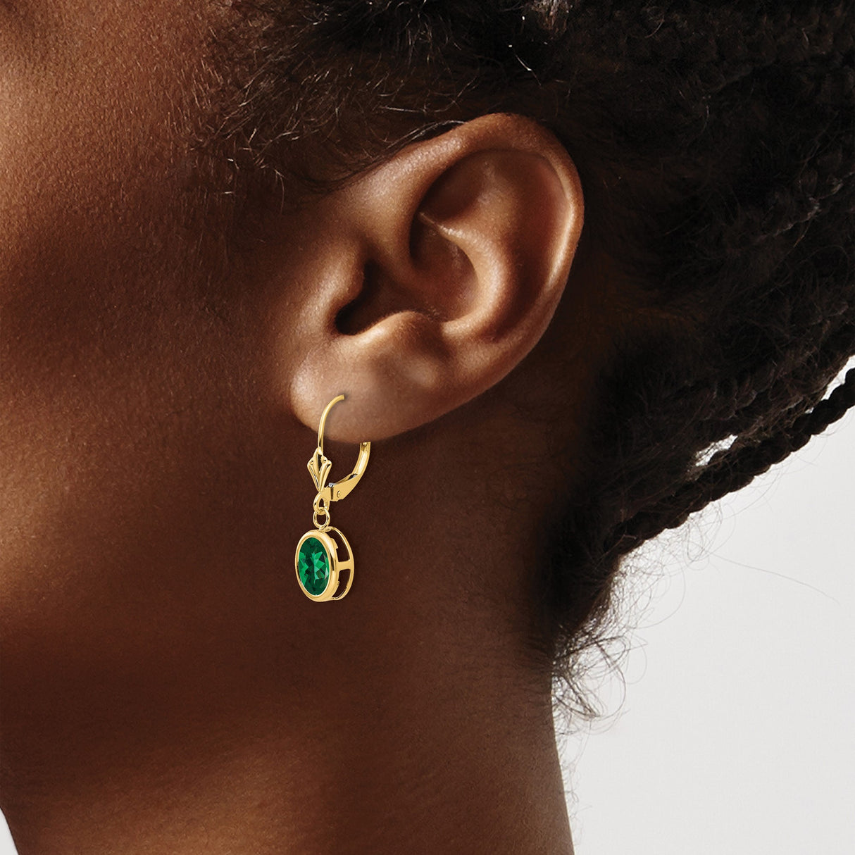 14k Yellow Gold Leverback Drop Earrings with Green Helenite in Bezel Setting