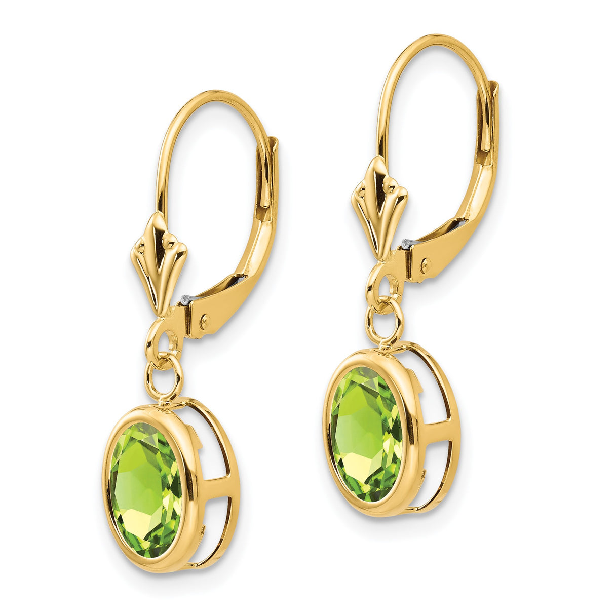 14k Yellow Gold Dangle Earrings with Oval Peridot, Leverback Drop Design for Women