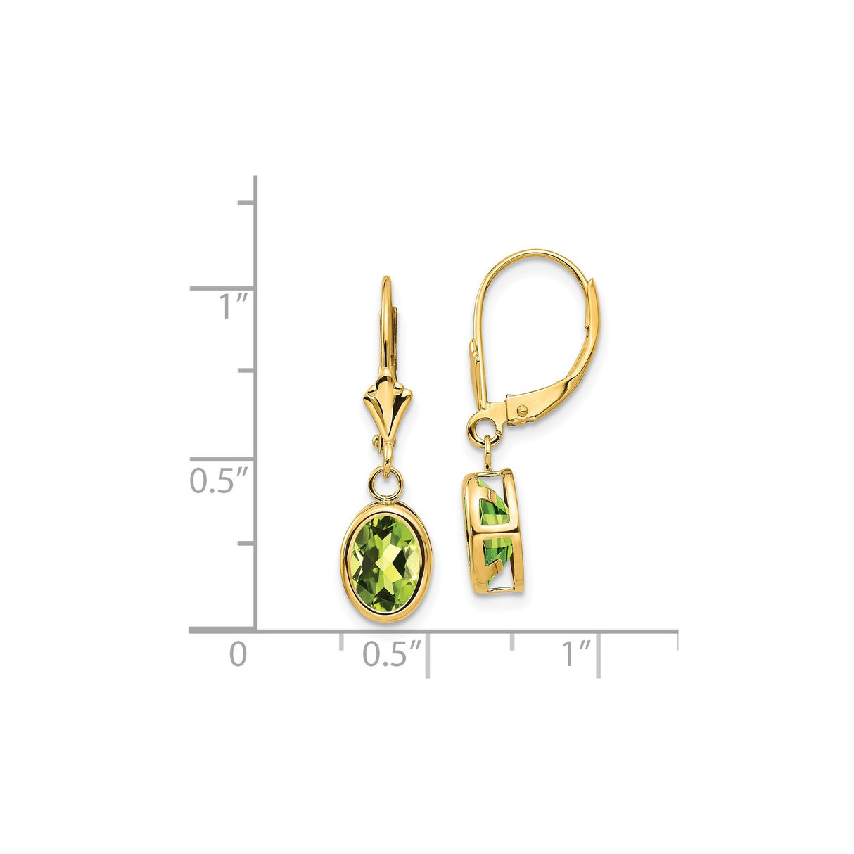 14k Yellow Gold Dangle Earrings with Oval Peridot, Leverback Drop Design for Women