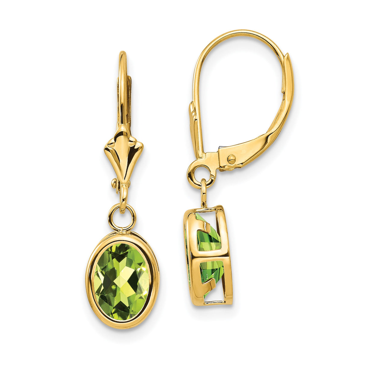14k Yellow Gold Dangle Earrings with Oval Peridot, Leverback Drop Design for Women