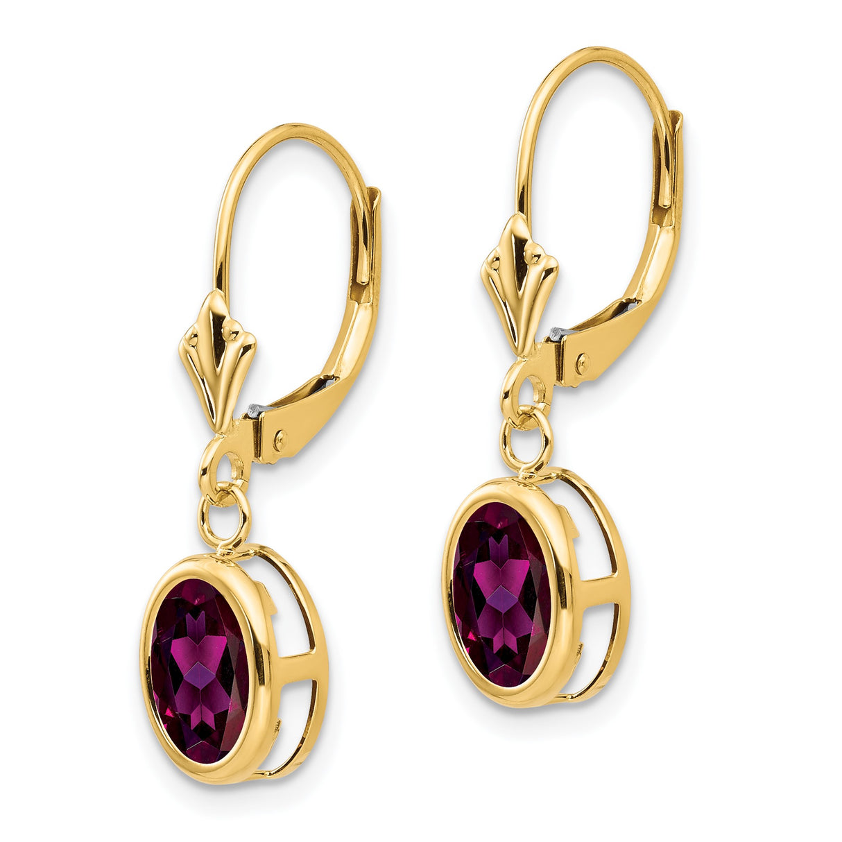 14k Yellow Gold Drop Earrings with Oval Rhodolite Garnet, Bezel Setting, Leverback, Geometric Design