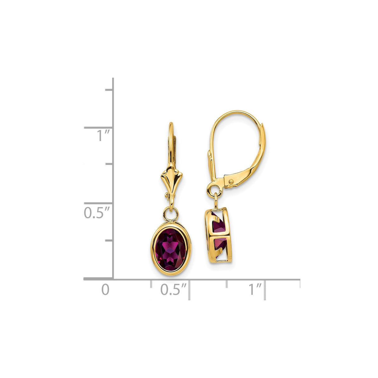 14k Yellow Gold Drop Earrings with Oval Rhodolite Garnet, Bezel Setting, Leverback, Geometric Design