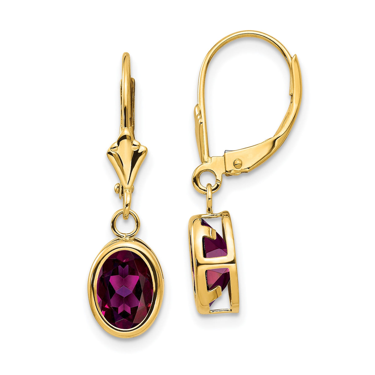14k Yellow Gold Drop Earrings with Oval Rhodolite Garnet, Bezel Setting, Leverback, Geometric Design