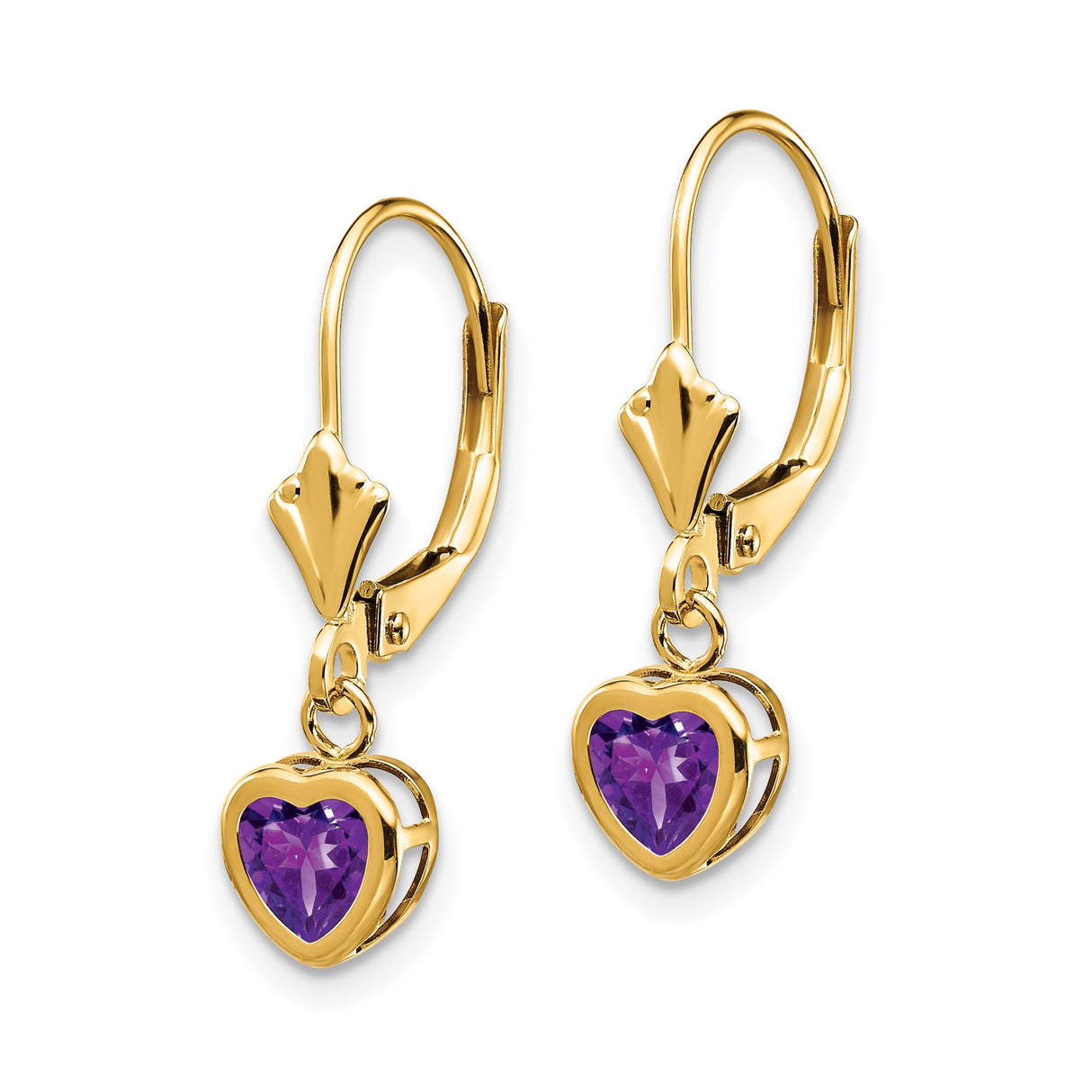 14k Yellow Gold Heart Dangle Earrings with Amethyst Leverbacks for Women