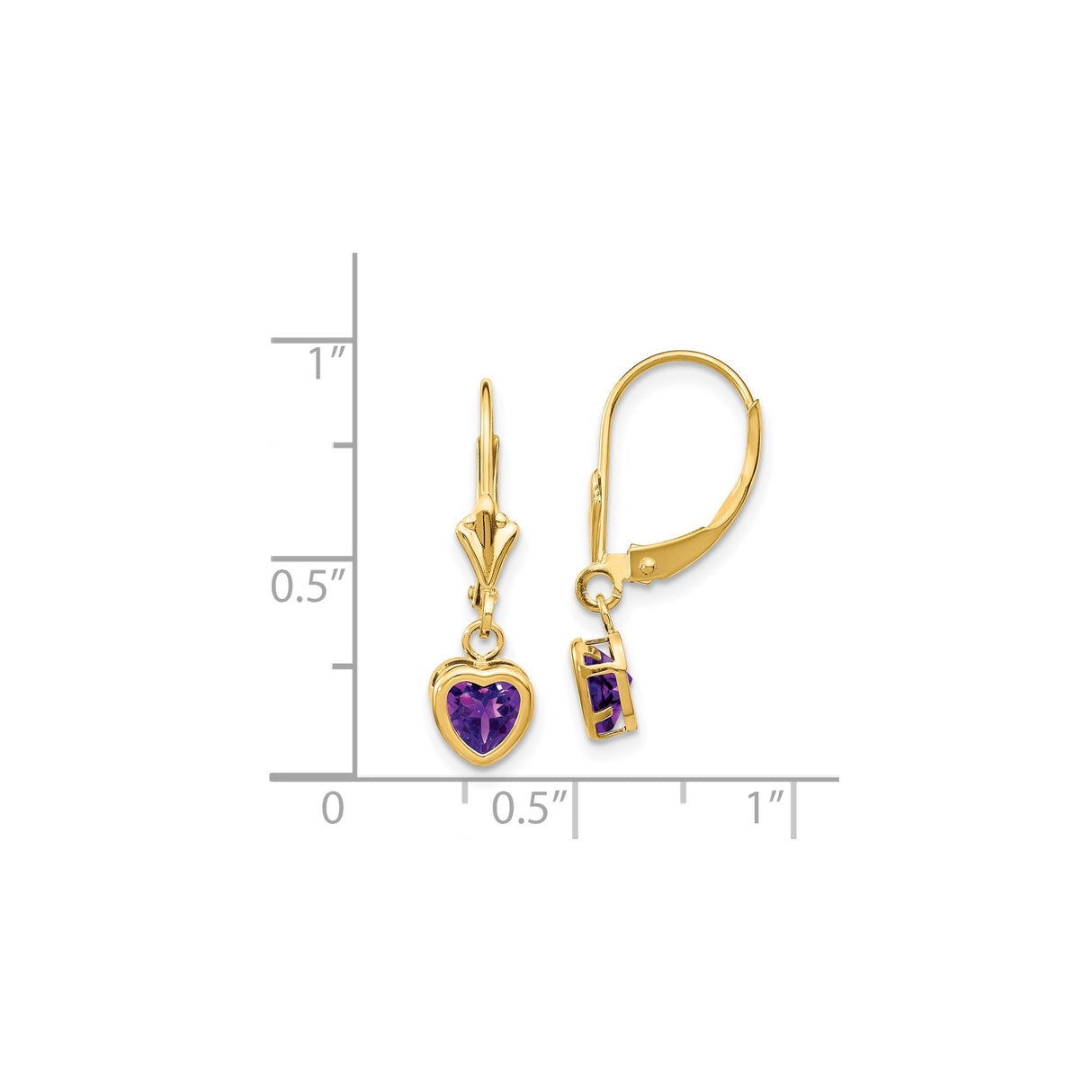 14k Yellow Gold Heart Dangle Earrings with Amethyst Leverbacks for Women