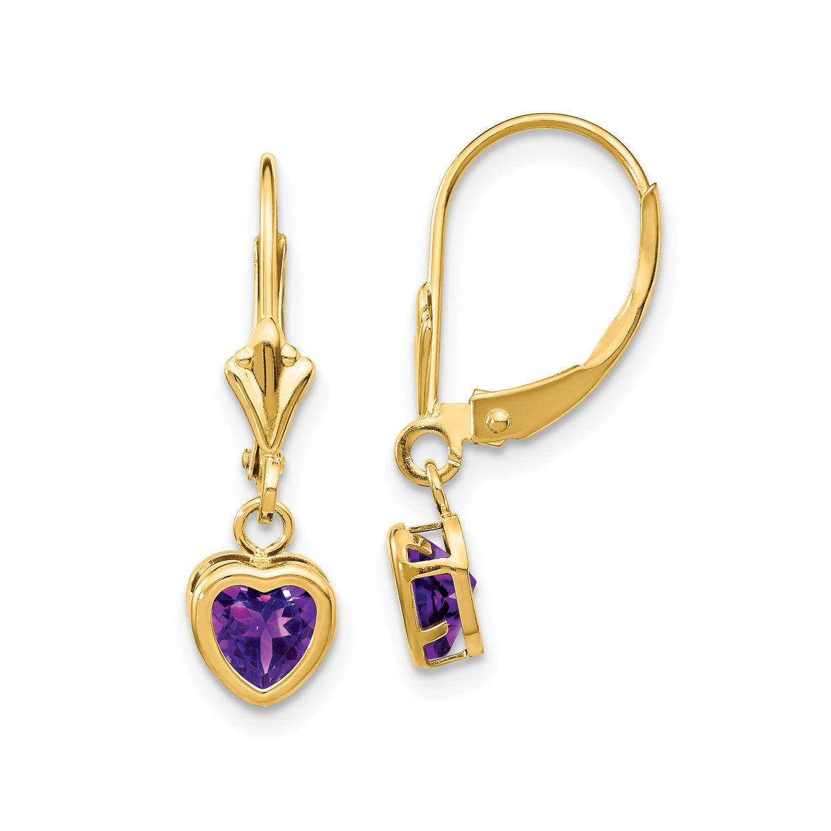 14k Yellow Gold Heart Dangle Earrings with Amethyst Leverbacks for Women