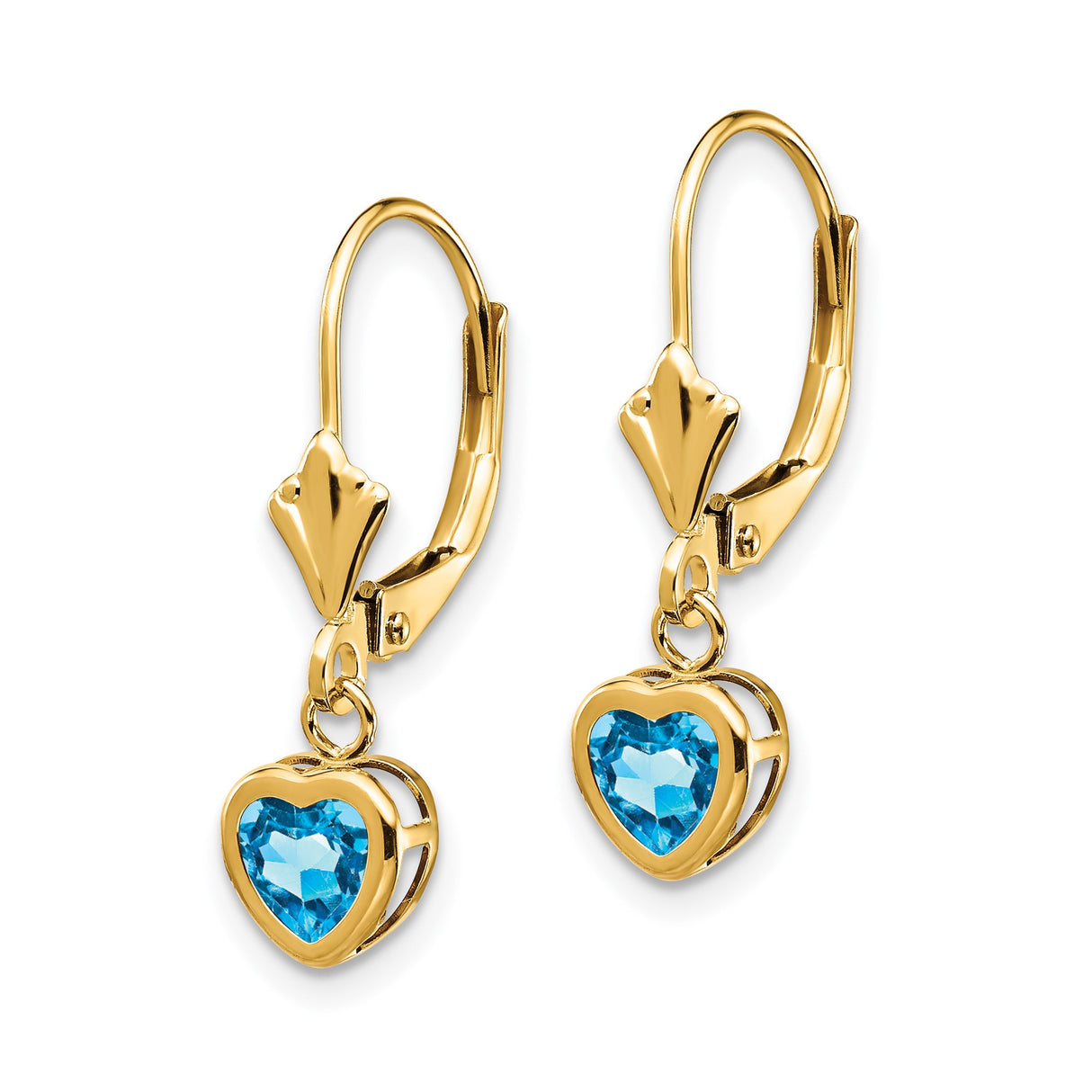14k Yellow Gold Heart Dangle Earrings with Swiss Blue Topaz, Leverback Drop Design
