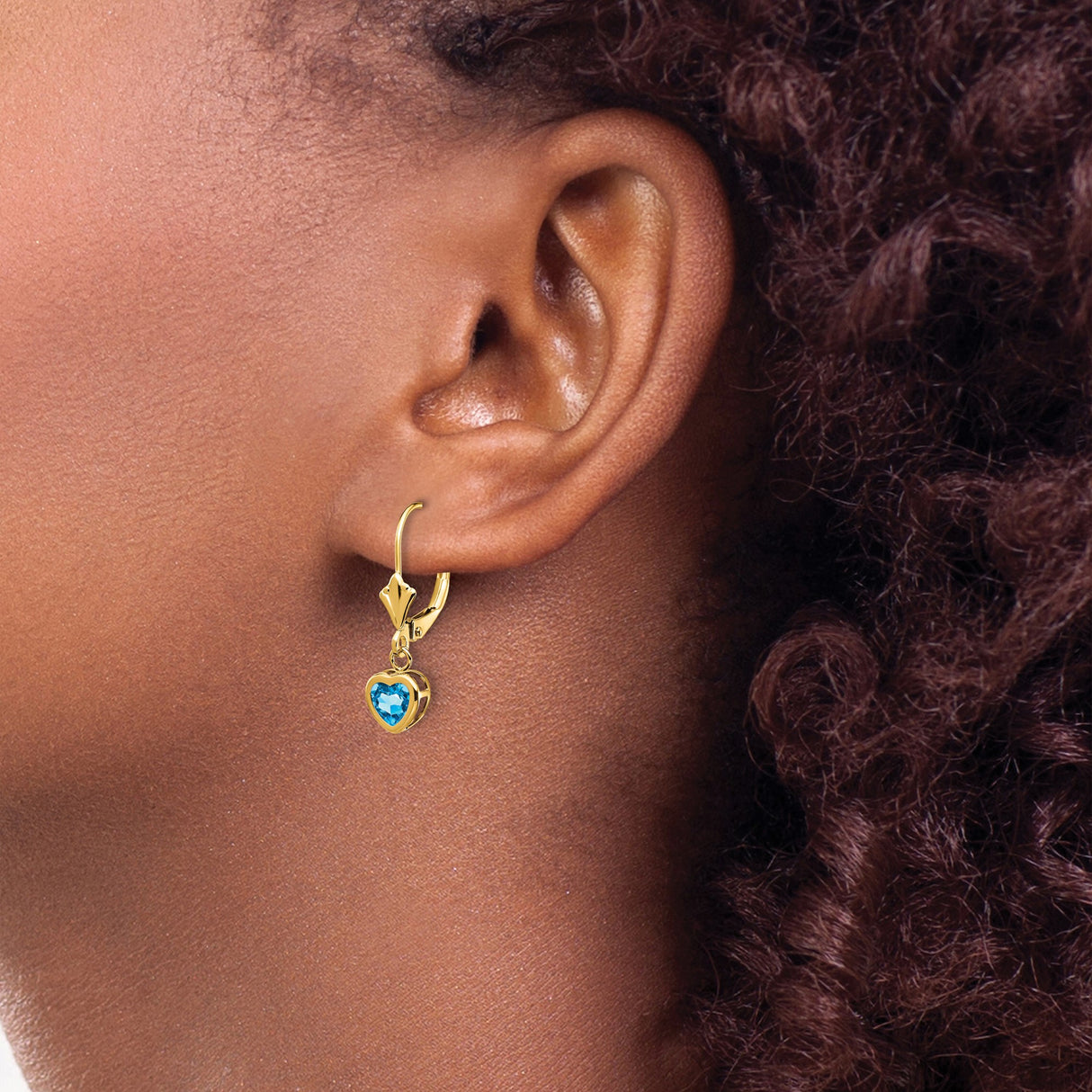 14k Yellow Gold Heart Dangle Earrings with Swiss Blue Topaz, Leverback Drop Design