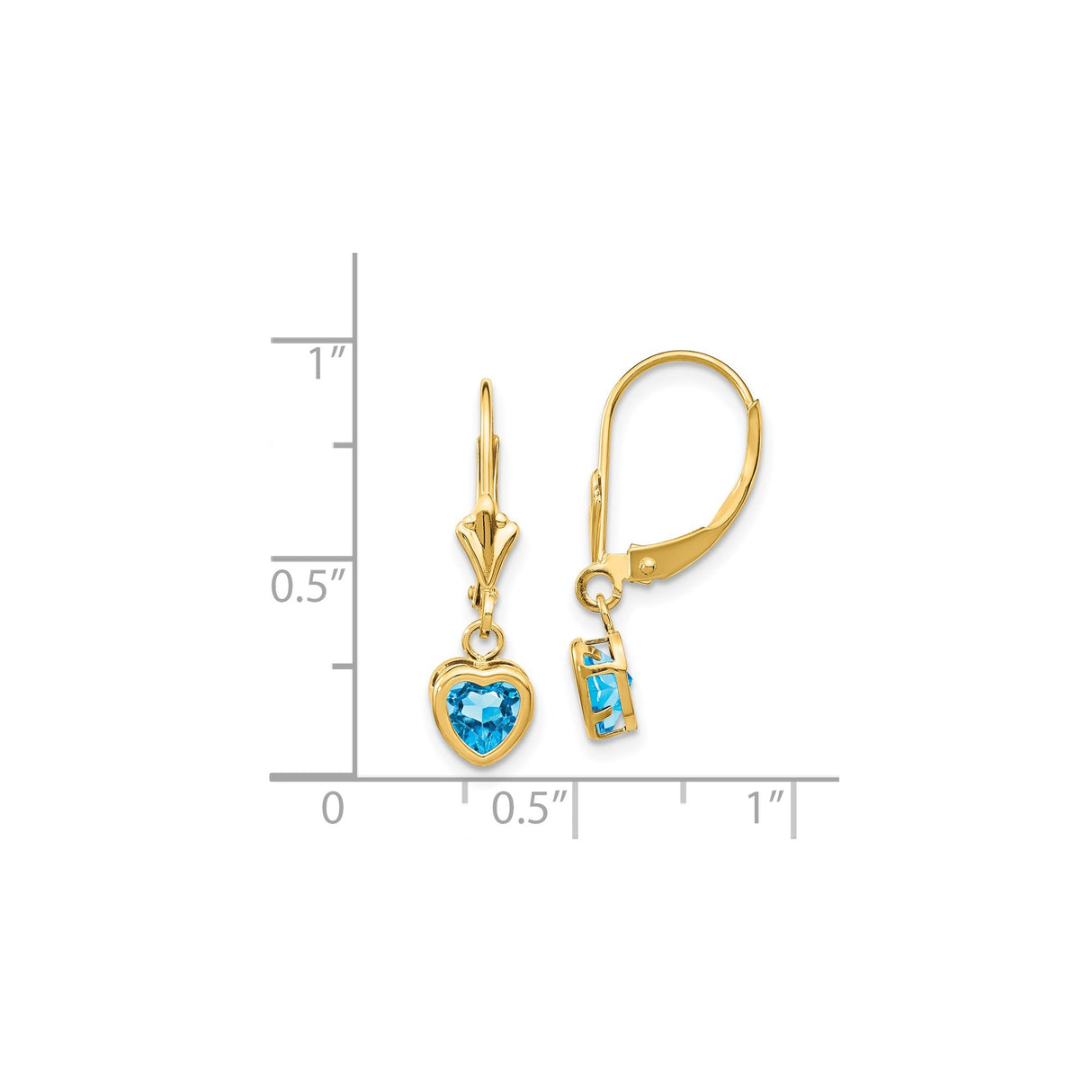 14k Yellow Gold Heart Dangle Earrings with Swiss Blue Topaz, Leverback Drop Design