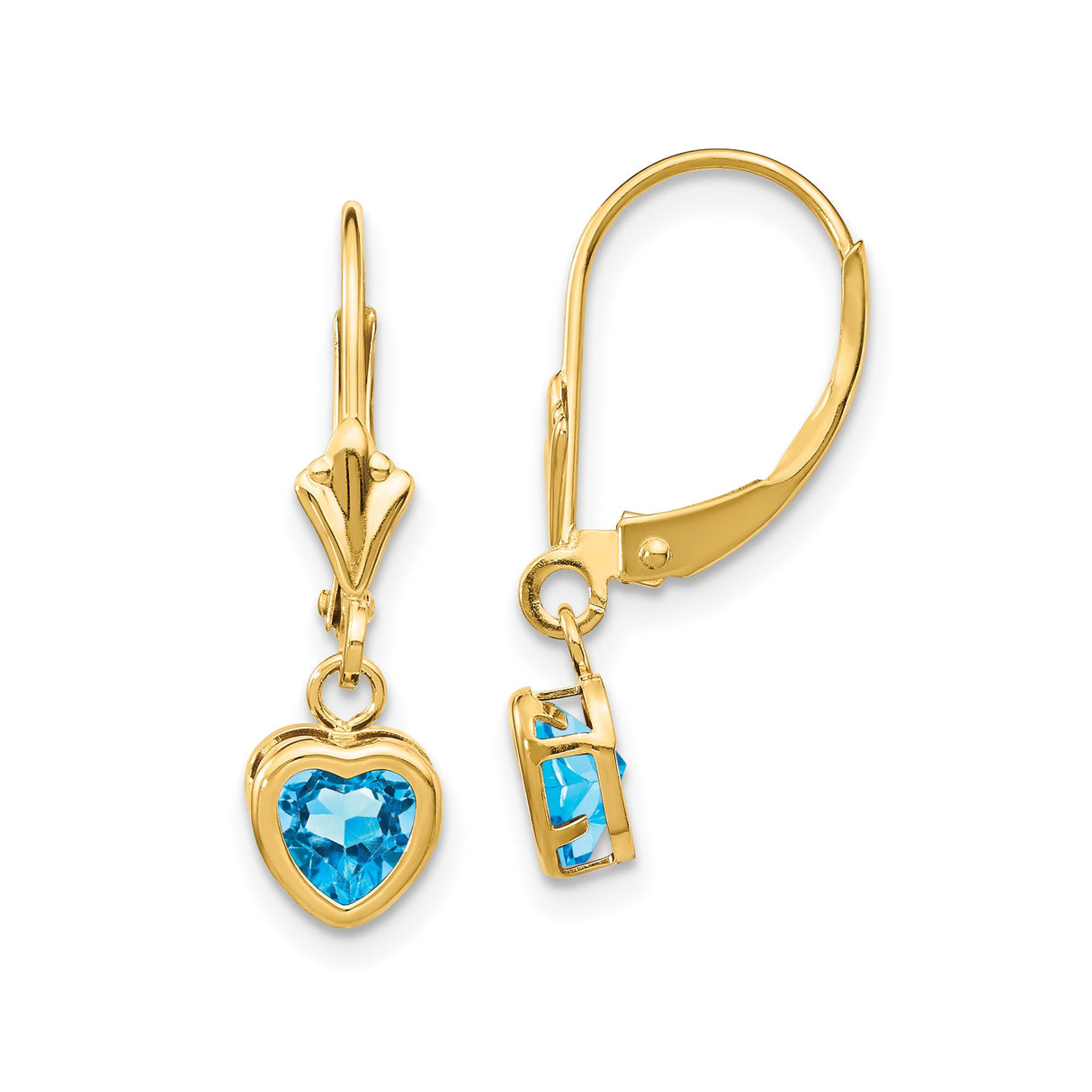 14k Yellow Gold Heart Dangle Earrings with Swiss Blue Topaz, Leverback Drop Design