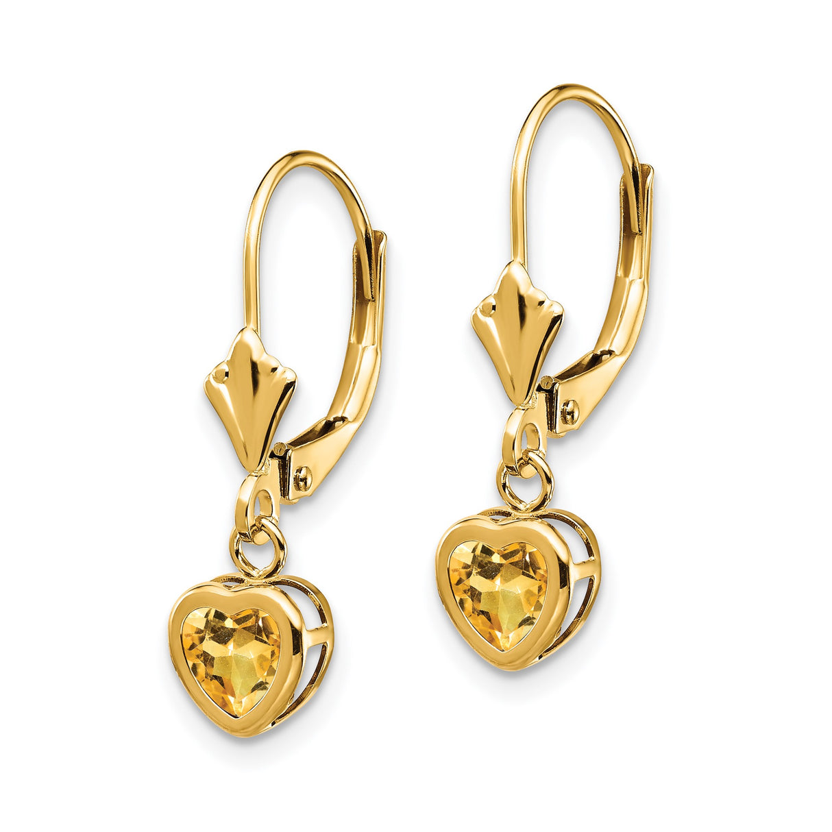 14k Yellow Gold Heart Drop Earrings with Citrine, Leverback Dangle Design for Women