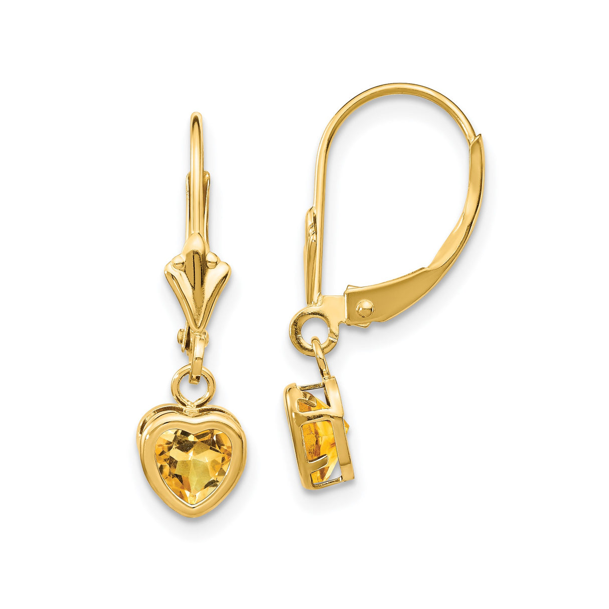 14k Yellow Gold Heart Drop Earrings with Citrine, Leverback Dangle Design for Women