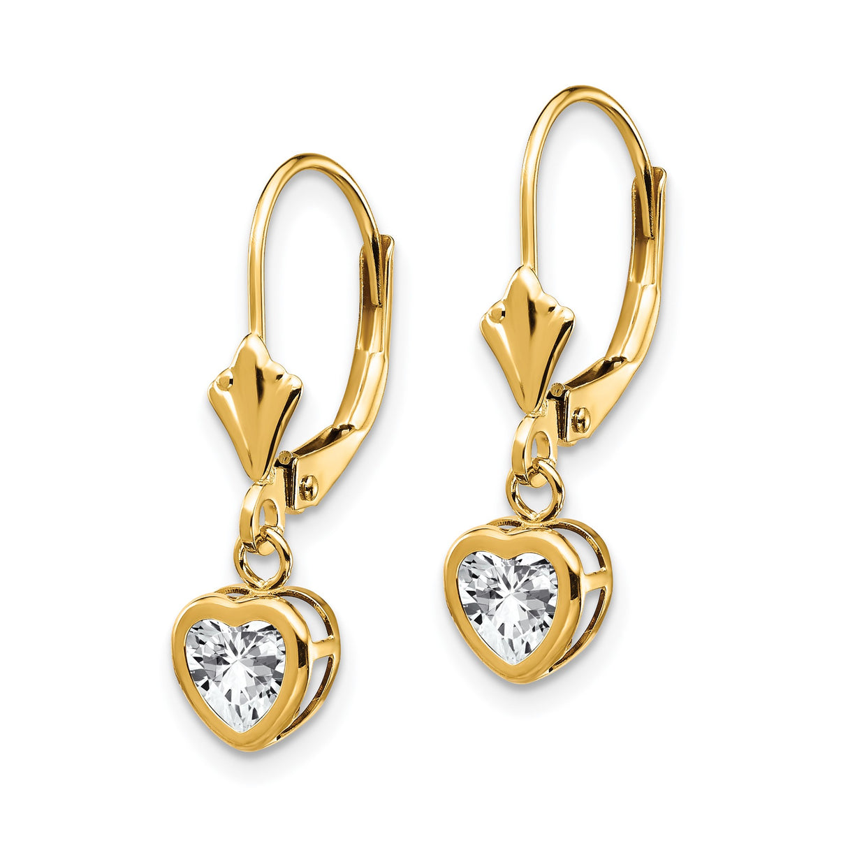 14k Yellow Gold Heart Drop Earrings with Cubic Zirconia, Leverback Dangles for Women