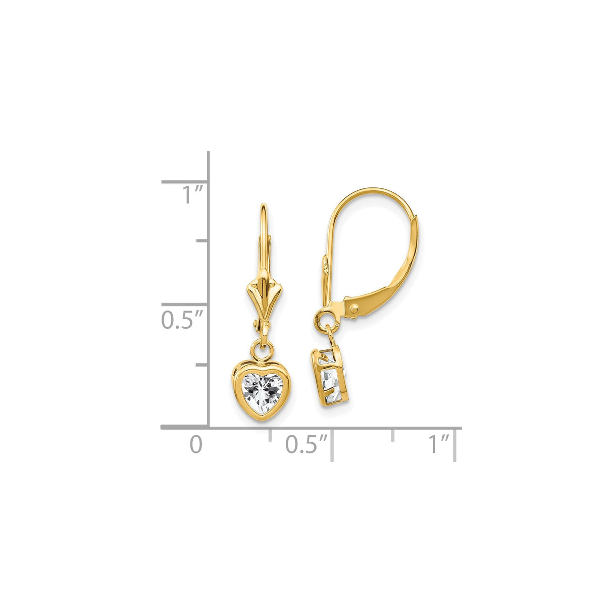14k Yellow Gold Heart Drop Earrings with Cubic Zirconia, Leverback Dangles for Women