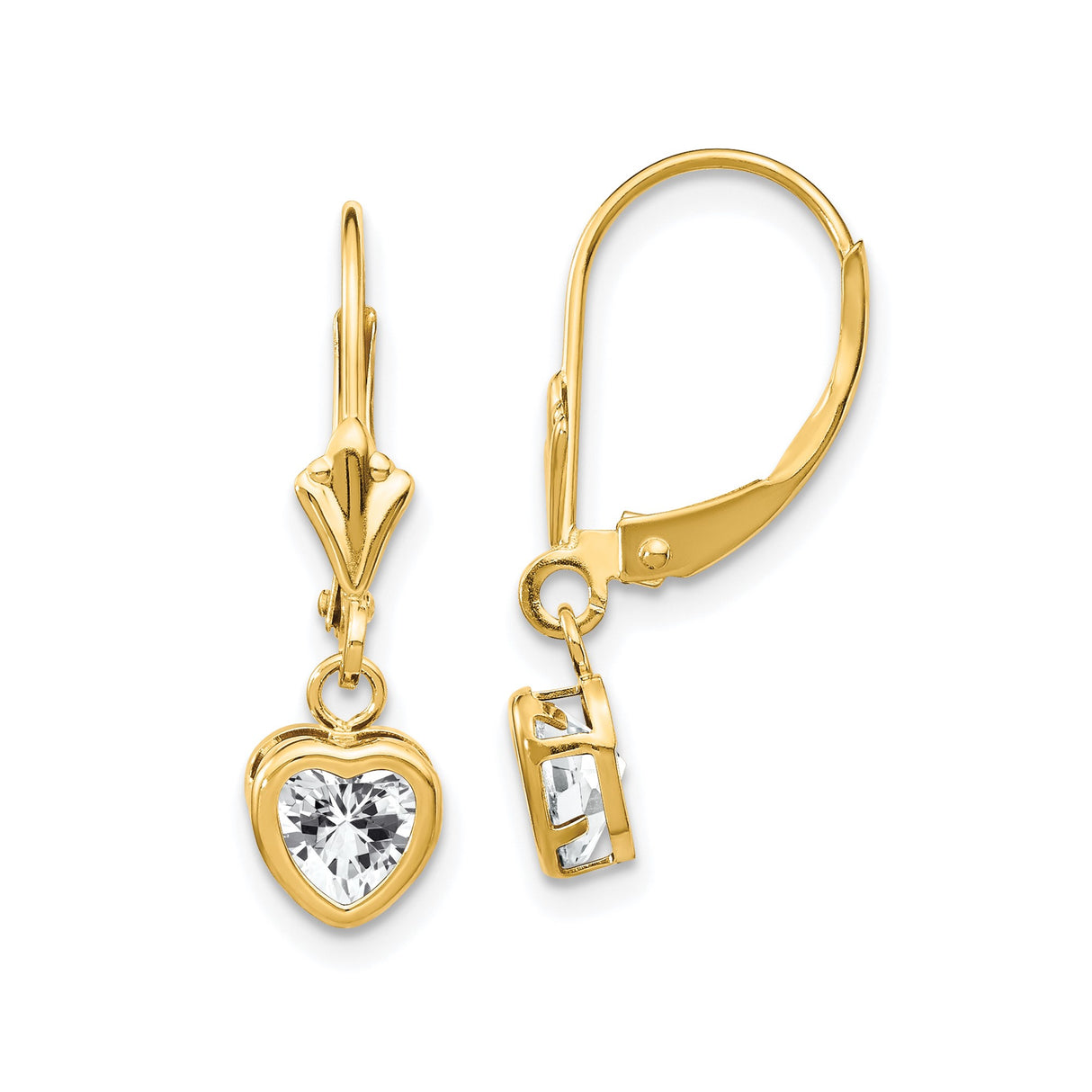 14k Yellow Gold Heart Drop Earrings with Cubic Zirconia, Leverback Dangles for Women