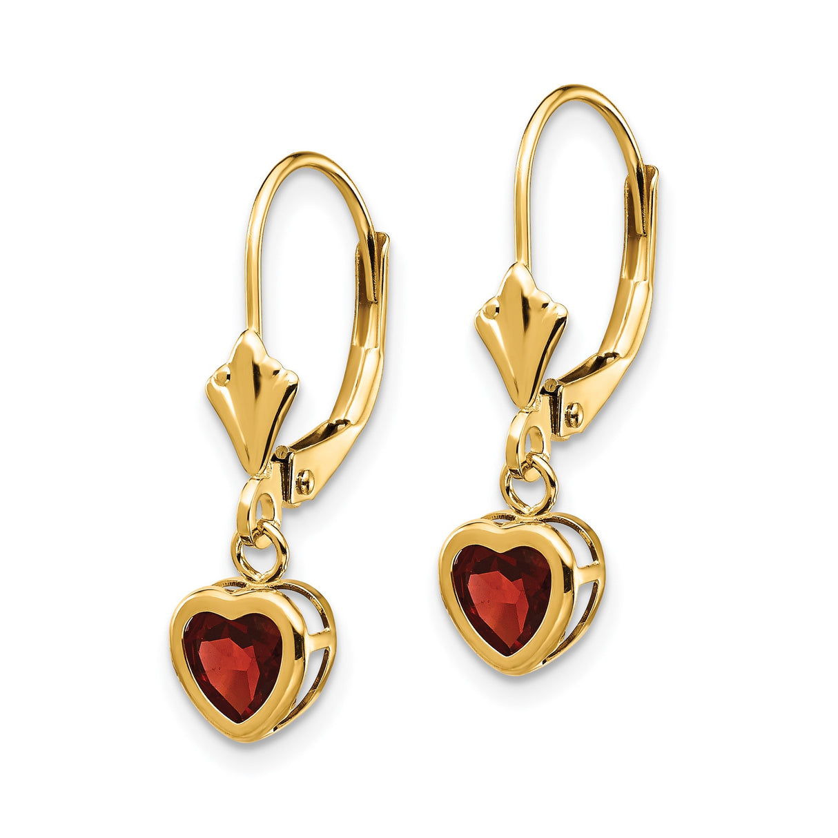14k Yellow Gold Heart Drop Earrings with Garnet, Leverback Dangle Style for Women