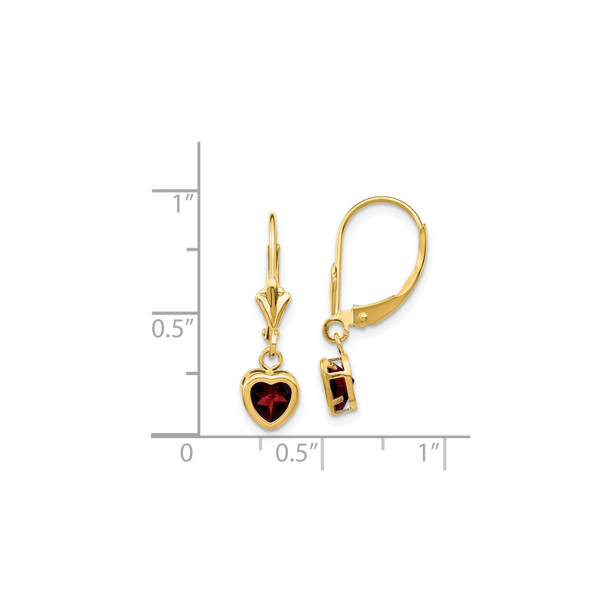 14k Yellow Gold Heart Drop Earrings with Garnet, Leverback Dangle Style for Women