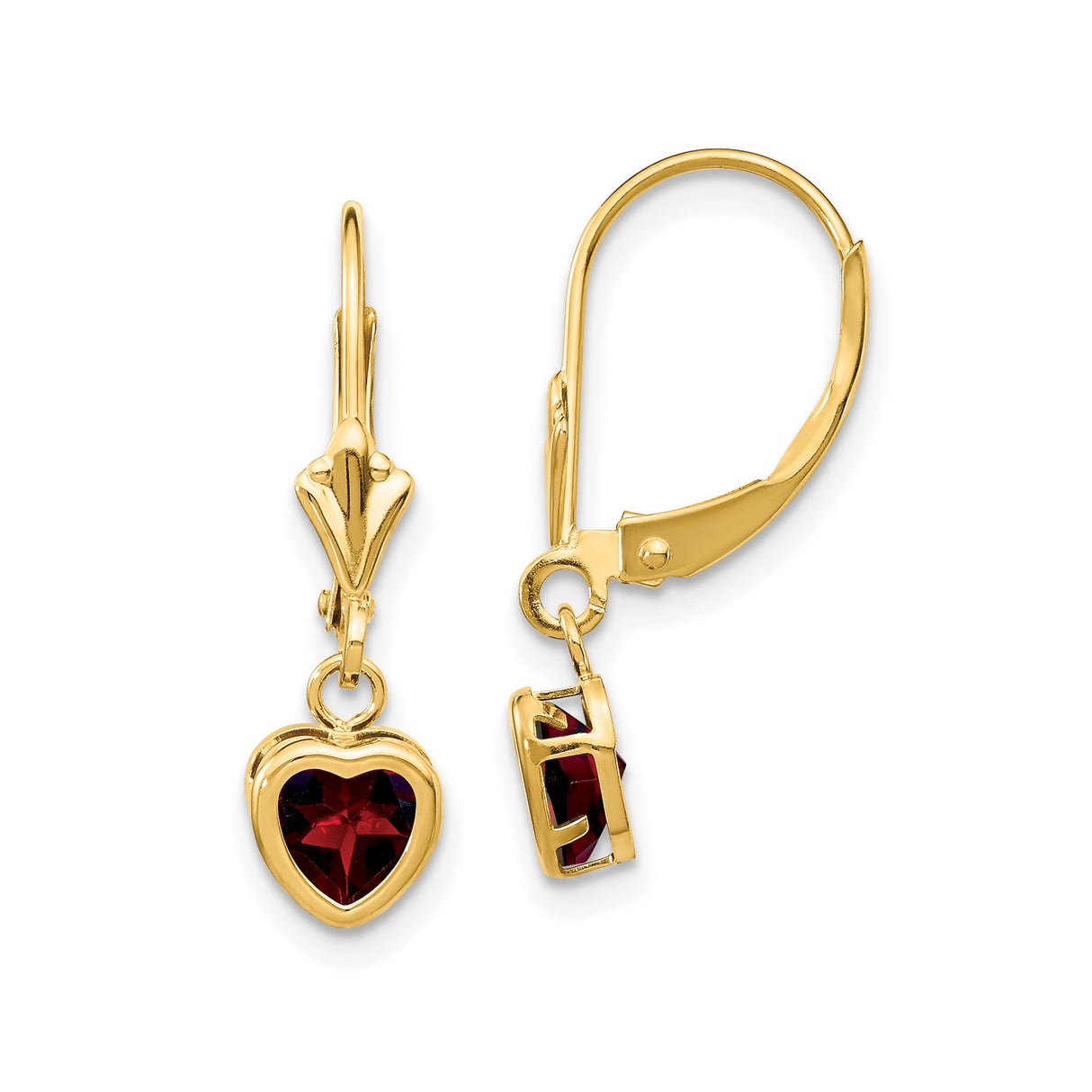 14k Yellow Gold Heart Drop Earrings with Garnet, Leverback Dangle Style for Women