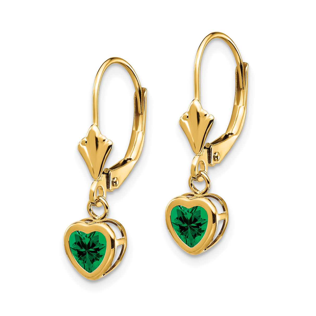14k Yellow Gold Heart Drop Earrings with Green Helenite Gemstones, Leverback Hooks