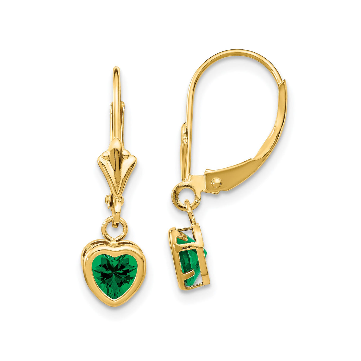 14k Yellow Gold Heart Drop Earrings with Green Helenite Gemstones, Leverback Hooks