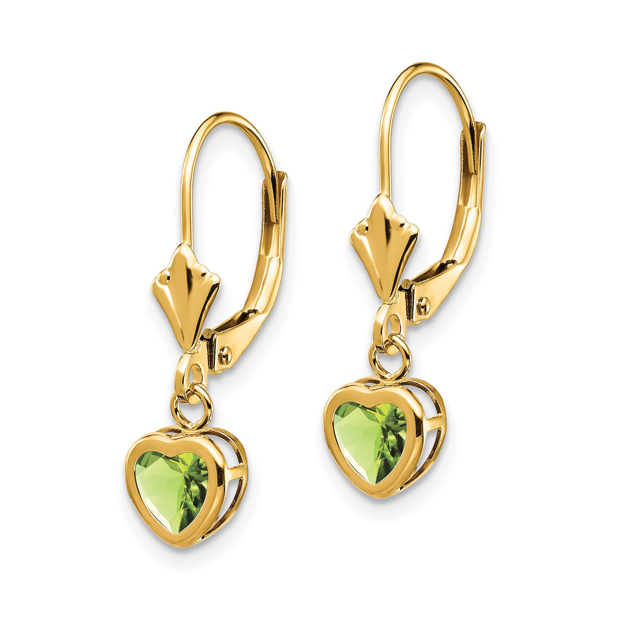 14k Yellow Gold Heart Dangle Earrings with Peridot Gemstones and Leverback Closures