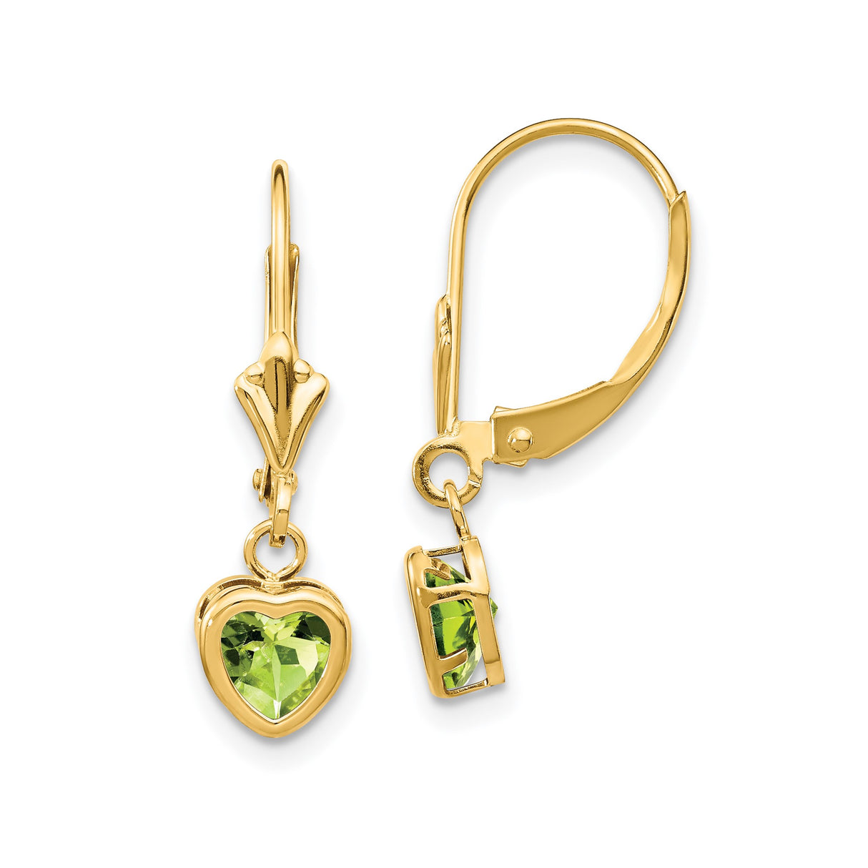 14k Yellow Gold Heart Dangle Earrings with Peridot Gemstones and Leverback Closures