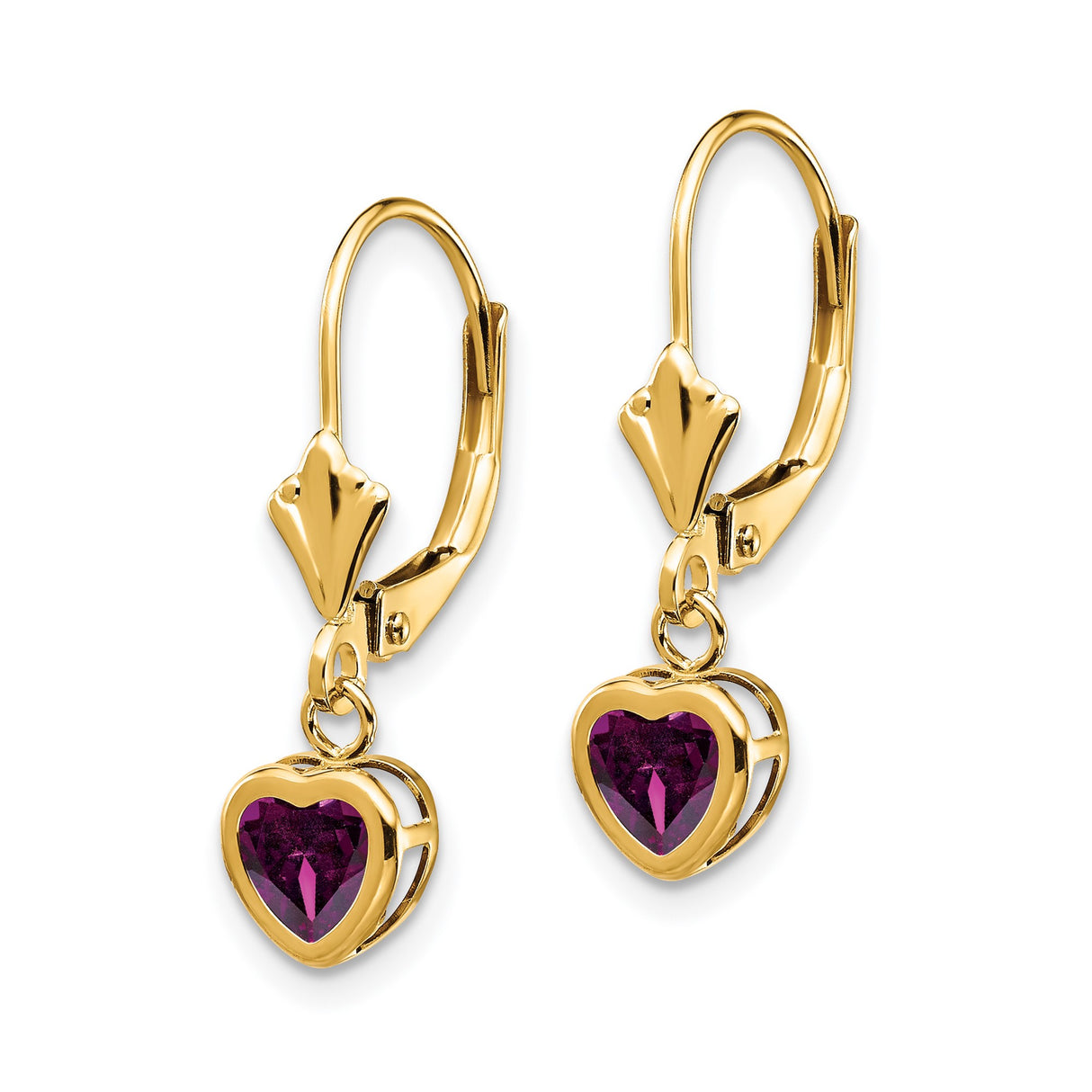 14k Yellow Gold Heart Dangle Earrings with Rhodolite Garnet Drops, Leverback Closure