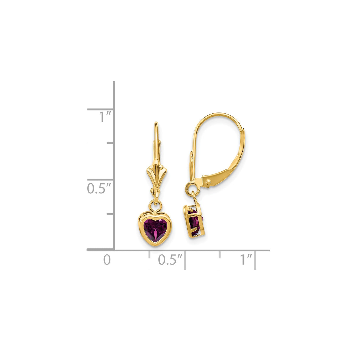 14k Yellow Gold Heart Dangle Earrings with Rhodolite Garnet Drops, Leverback Closure