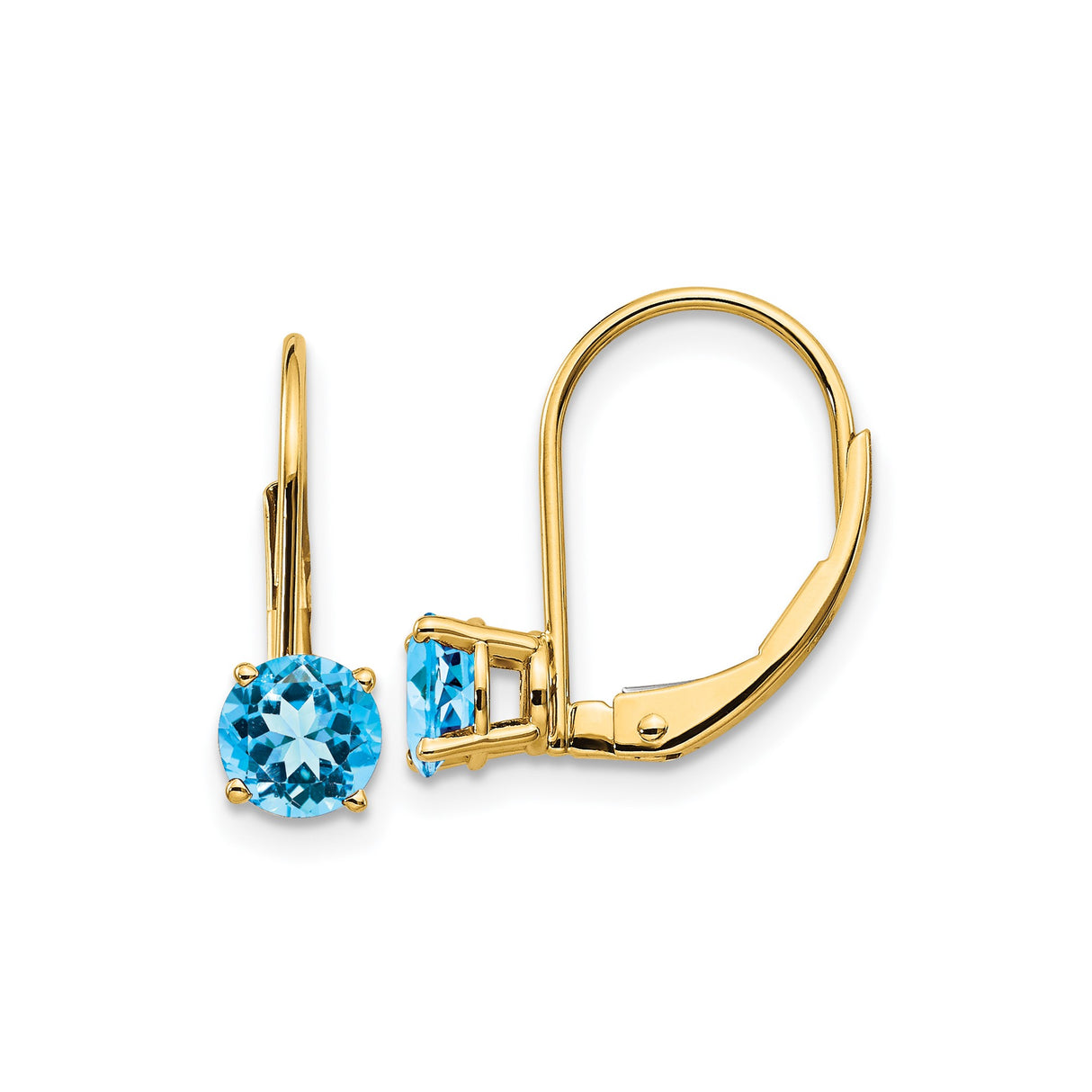 14k Yellow Gold Leverback Earrings with Swiss Blue Topaz, Minimalist Drop Style for Women