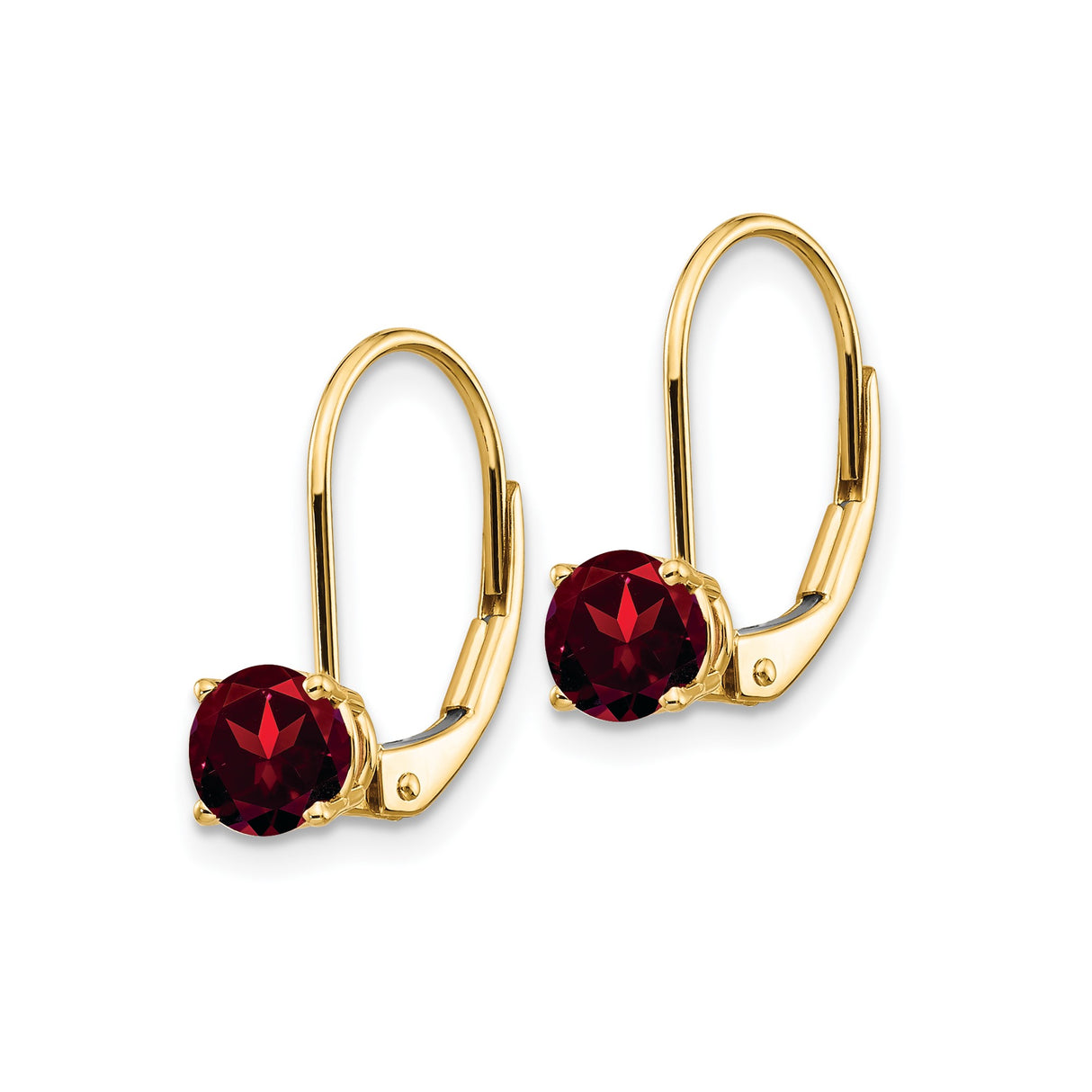 14k Yellow Gold Leverback Earrings with Red Garnet, Classic Prong Setting, January Birthstone