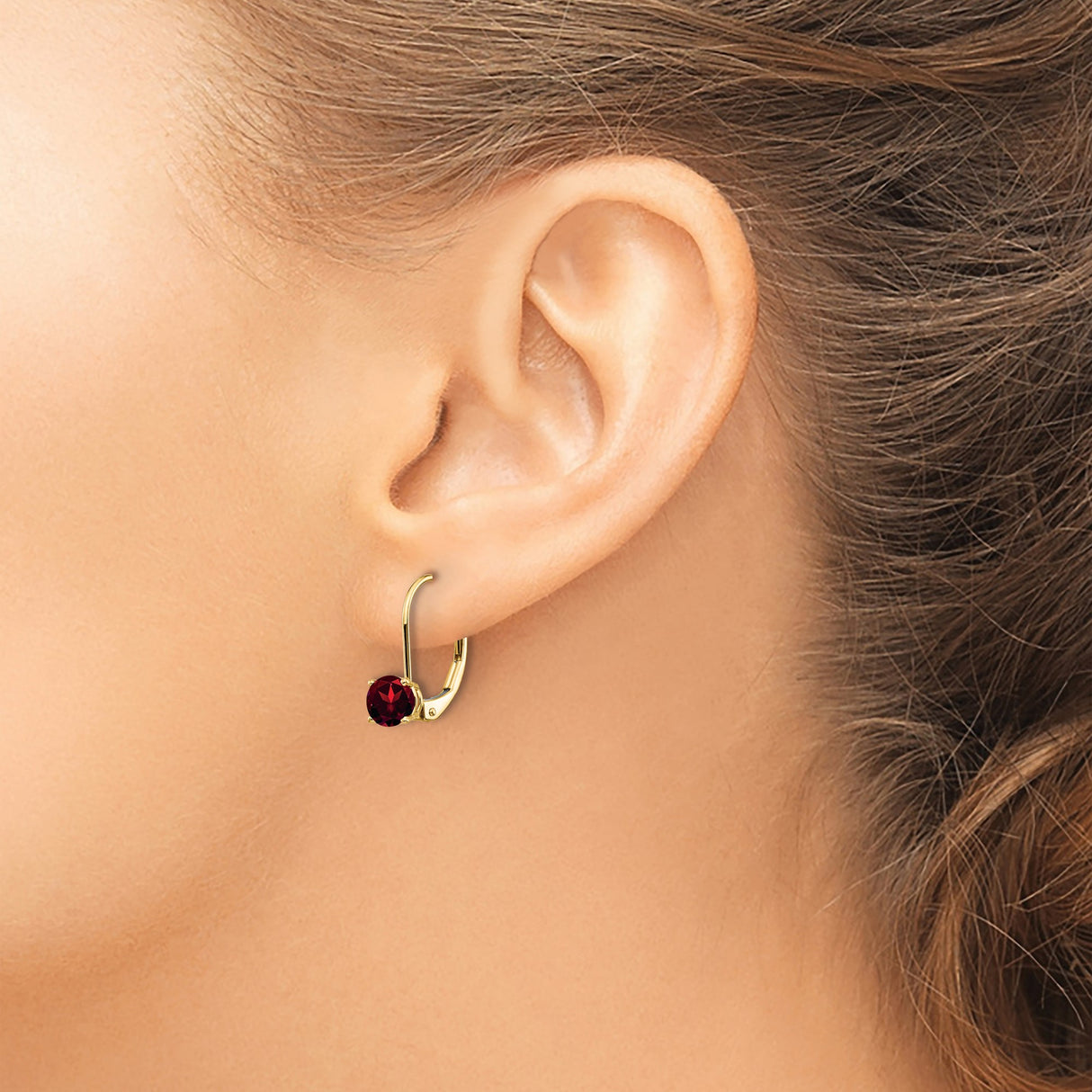 14k Yellow Gold Leverback Earrings with Red Garnet, Classic Prong Setting, January Birthstone